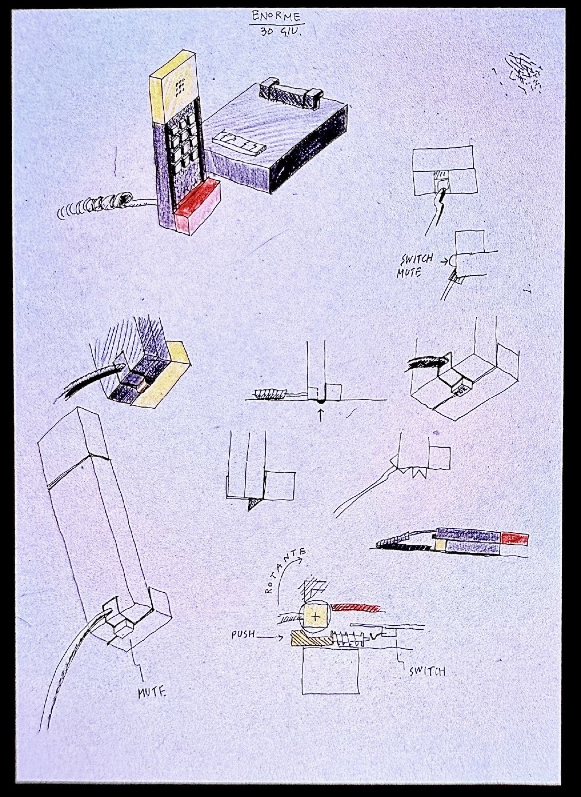 Original sketch for the ENORME Telephone by Ettore Sottsass
